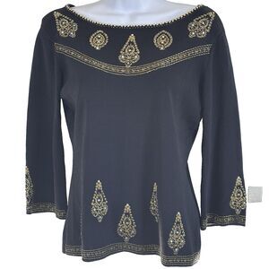 Joseph A Black Knit Beaded Embellished Top Gold Embroidery Medium Vintage Y2K
